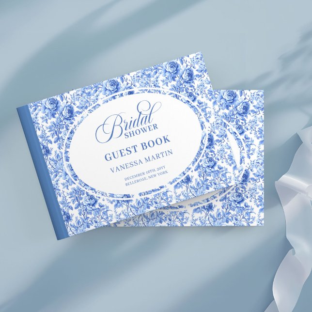 Libro de visitas para fiesta de regalos de boda de (Modern Blue Toile Roses Bridal Shower Guest Book

)