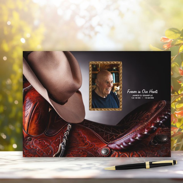 Libro de visitas para funeral en memoria de vaquer (Cowboy hat and saddle memorial guest book. )