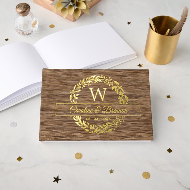 Libro De Visitas Pareja Nombre Boda Fecha Laurel Wreath Gold (Anverso Abierto)