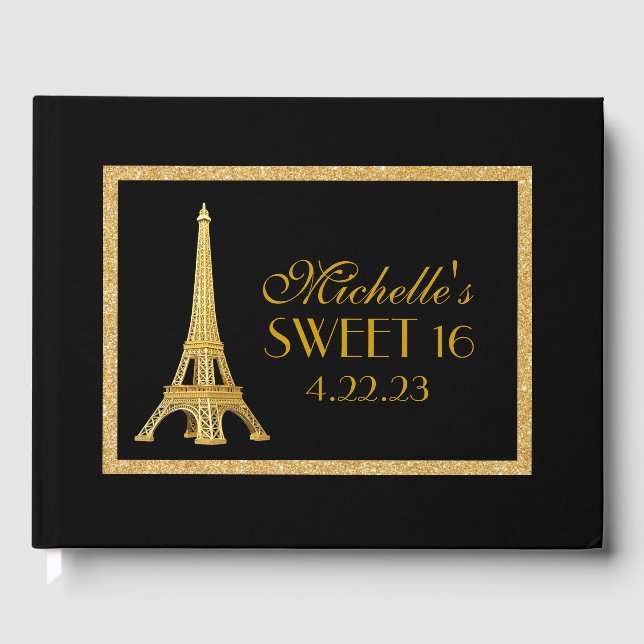 Libro De Visitas Paris Sweet 16 Gold Purpurina Personalizado Guest  (Anverso)