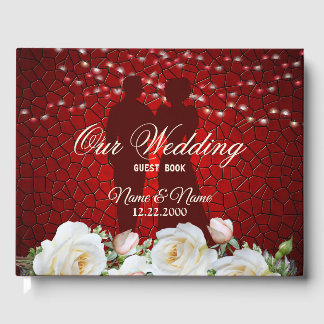 Libro De Visitas Partido de la Boda Blanco Rojo Floral Moderno Eleg