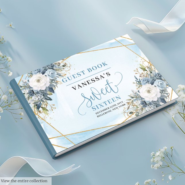 Libro De Visitas Pastel Adorable Blue Floral Blanco Dulce Dieciséis (Adorable Pastel Blue White Floral Sweet Sixteen Guest Book)