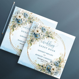 Libro De Visitas Pastel Blue Floral Greenery Gold Glitter Sign In