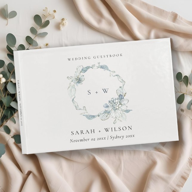 Libro De Visitas Pastel Dusky Blue Floral Wreath Boda Monograma (Subido por el creador)