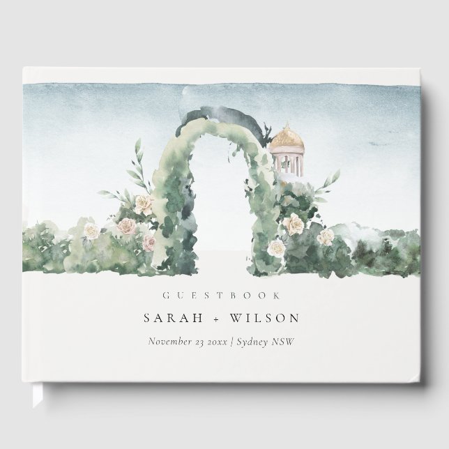 Libro De Visitas Pastel Floral Green Garden Arch Boda Botánico (Anverso)