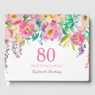 Libro De Visitas Pastel Watercolor Flowers 80ª fiesta de cumpleaños