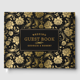 Libro De Visitas Patrón de damascos florales negro y dorado