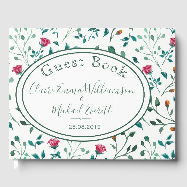 Libro De Visitas Patrón de floral y follaje verde ruso | BODA (Anverso)