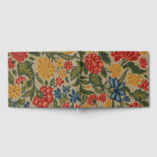 Libro De Visitas Patrón Floral de Crewel Rojo y Dorado Antiguo