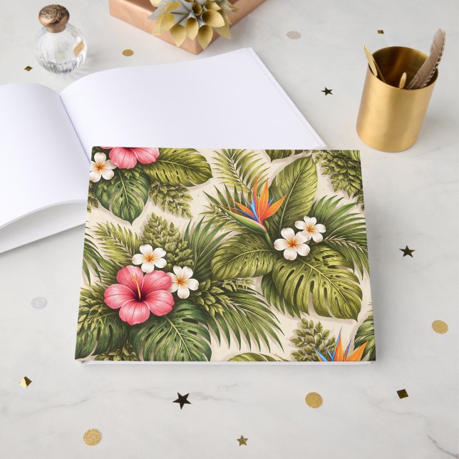 Libro De Visitas Patrón floral tropical – Hibisco, Monstera  (Anverso Abierto)