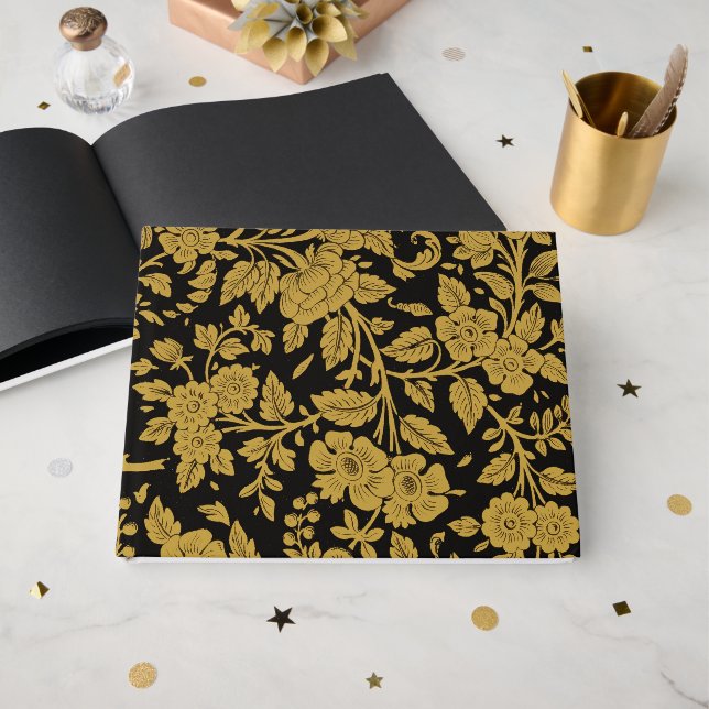 Libro De Visitas Patrón negro de flores de oro antiguo indio lacado (Anverso Abierto)