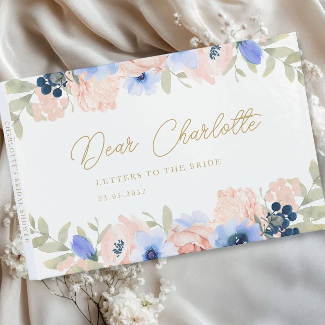 Libro De Visitas Peach Blue Rubor Bridal Shower (Peach Blue Blush Floral Bridal Shower Guest Book with your name and date.)
