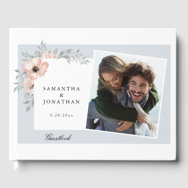 Libro De Visitas Peach Floral Dusty Blue 2 Fotos Boda (Anverso)
