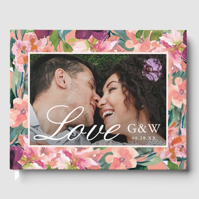 Libro De Visitas Peach Floral with Love Script Photo Boda (Anverso)