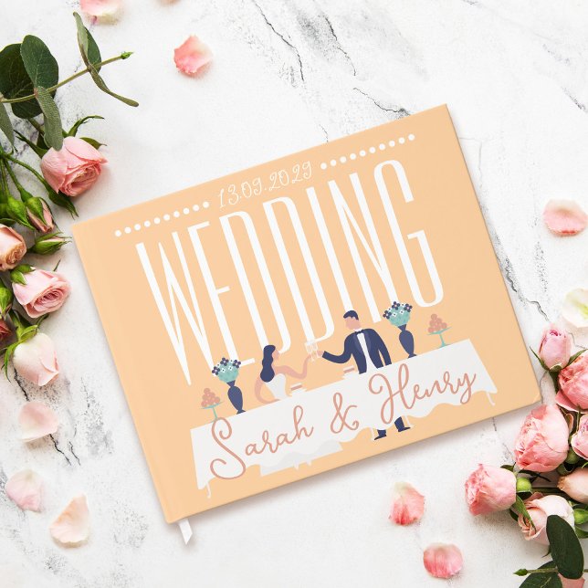 Libro De Visitas Peach Moderno Boda Guest Book Con Una Tostada Pare (Peach modern wedding guest book with wedding table with brode and groom having toast)