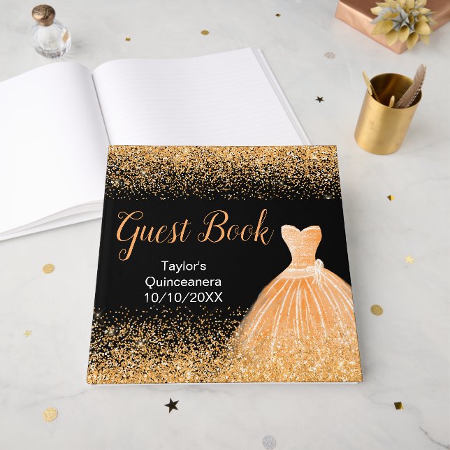 Libro De Visitas Peach Orange Dress Faux Glitter Quinceanera (Anverso Abierto)