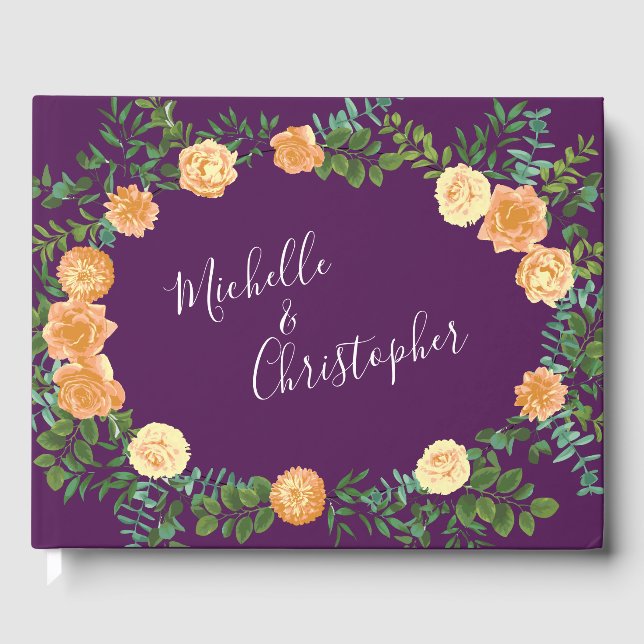 Libro De Visitas Peach & Plum Purple Peony y Rosa Boda Floral (Anverso)