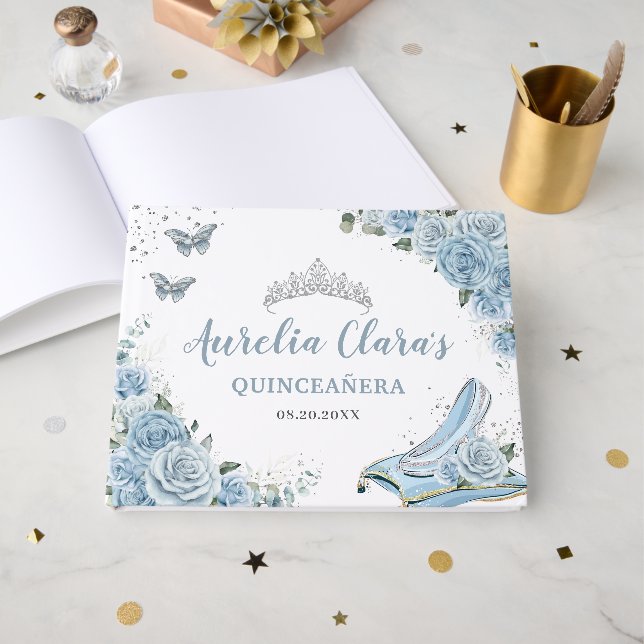 Libro De Visitas Peluca de vidrio floral azul para bebés Quinceañer (Anverso Abierto)