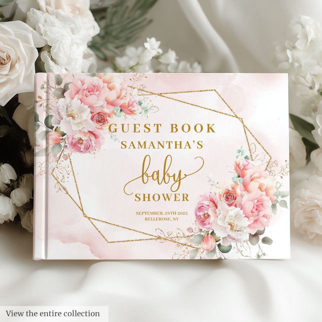 Libro De Visitas peonatos de jaulas rosadas románticas de oro de be (Romantic blush pink sage peonies gold baby shower Guest Book)