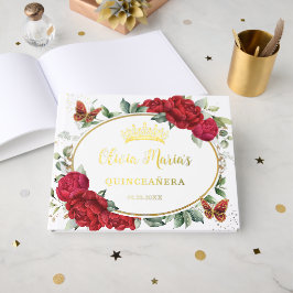 Libro De Visitas Peonías Rojas Mariposas Florales Quinceañera Dorad
