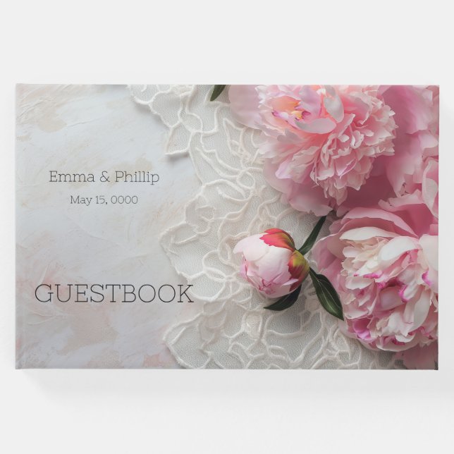 Libro De Visitas peonías rosadas en encaje (Anverso)