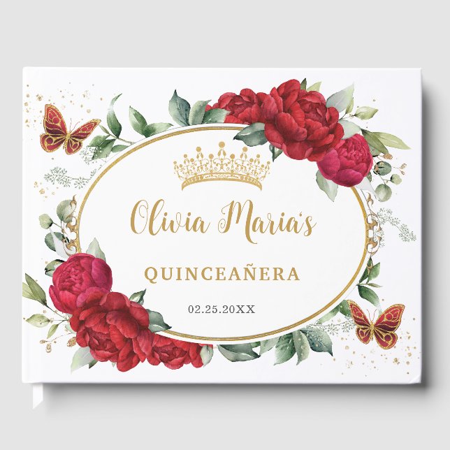 Libro De Visitas Peonies Florales Mariposas Doradas Quinceanera (Anverso)