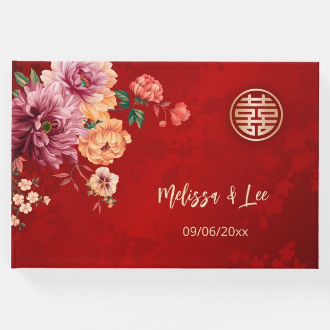 Libro De Visitas Peony Red Chinese Boda (Anverso)