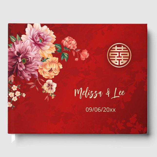 Libro De Visitas Peony Red Chinese Boda (Anverso)