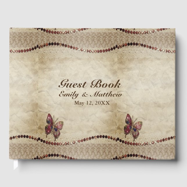 Libro De Visitas Pergamino antiguo, encaje, cuentas brillantes y ma (Anverso)