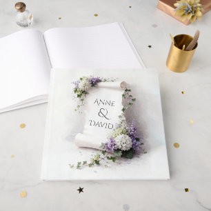 Libro De Visitas Pergamino de Boda con Lilas y Hortensias