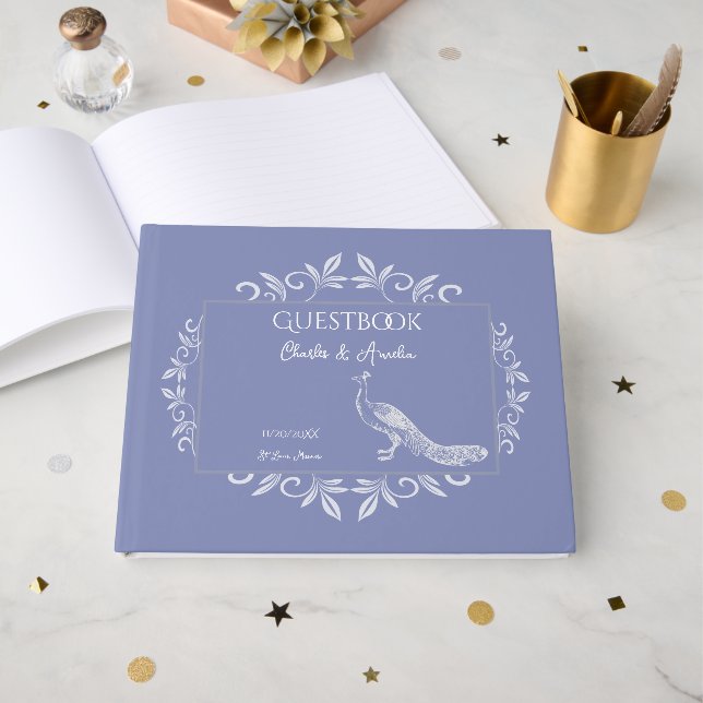 Libro De Visitas Periwinkle Peacock Flourish Boda Guest Book (Anverso Abierto)