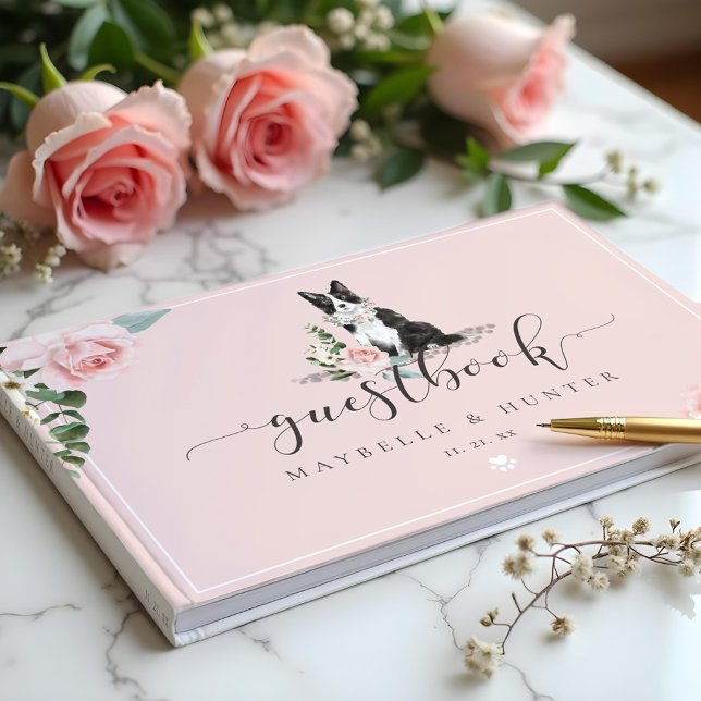 Libro De Visitas Perro Border Collie en Acuarela y Rosa Floral Rosa (Watercolor Border Collie Dog & Floral Pink Rose Guest Book)