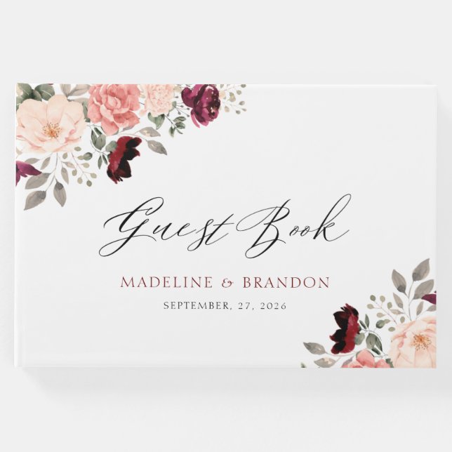 Libro De Visitas Personalizable Borgoña Rubor Boda Floral (Anverso)