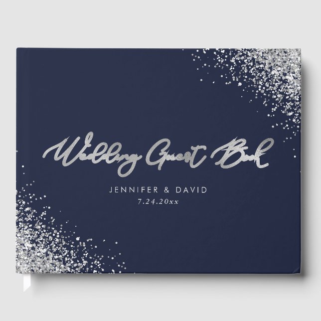 Libro De Visitas Personalizado Boda de Purpurina azul y plateado de (Anverso)