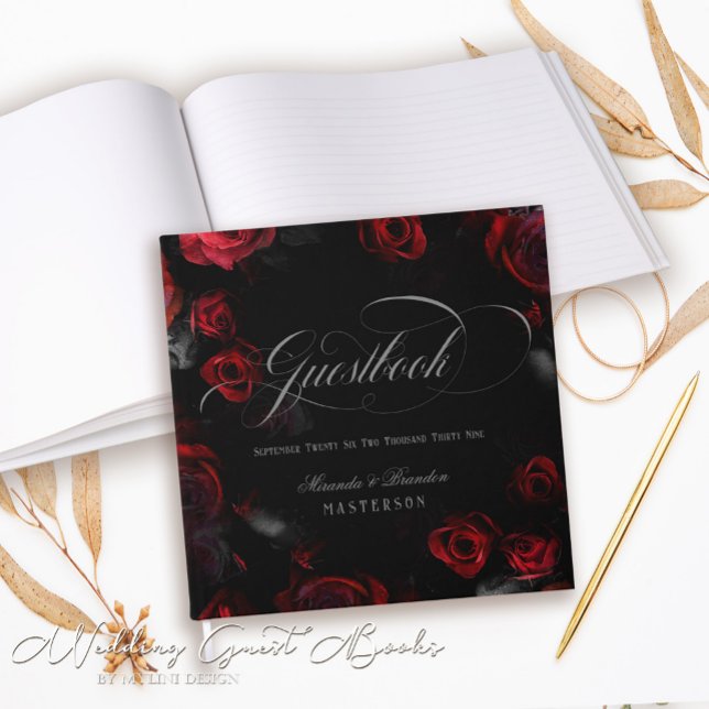 Libro De Visitas Personalizado Boda elegante de flores rojas y negr (Subido por el creador)