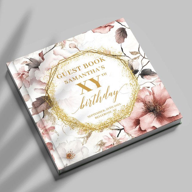 Libro De Visitas Personalizado de acuarela dorada rosada elegante (Classy Dusty Pink Gold Watercolor Custom Birthday Guest Book)