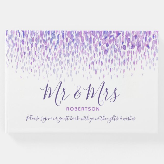 Libro De Visitas Personalizado de arte en cascada de dot boda púrpu (Anverso)