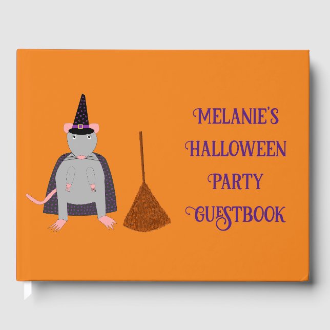 Libro De Visitas Personalizado de Halloween Witch Rat and Broom (Anverso)