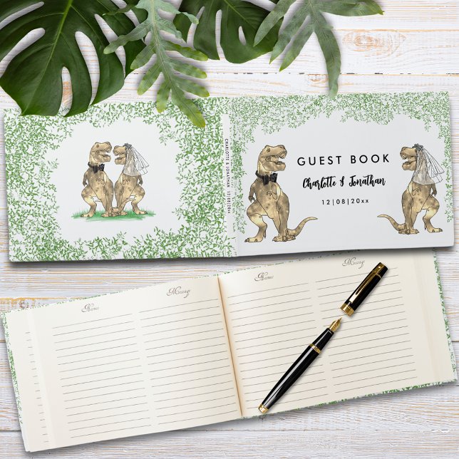 Libro De Visitas Personalizado del tema de los dinosaurios (Dinosaur themed wedding guest book with funny T-Rex bride and groom and Jurassic jungle foliage )