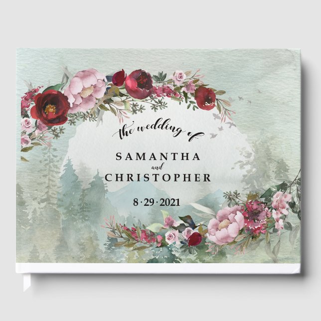 Libro De Visitas Personalizado Dusty Rosa Burgundy Woodland Boda (Anverso)