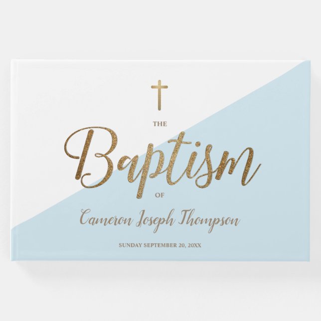 Libro De Visitas Personalizado Elegante Cruz de Oro Azul Baptismo B (Anverso)