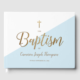 Libro De Visitas Personalizado Elegante Cruz de Oro Azul Baptismo B