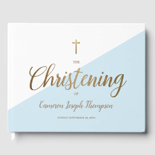 Libro De Visitas Personalizado Elegante Cruz de Oro Azul Bebé Chris