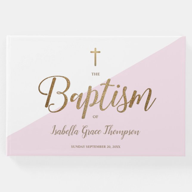 Libro De Visitas Personalizado Elegante Cruz de Oro Rosa Baptismo B (Anverso)
