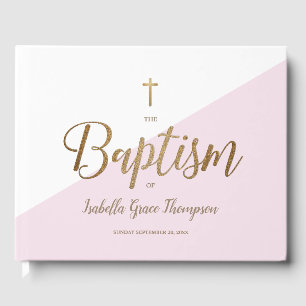 Libro De Visitas Personalizado Elegante Cruz de Oro Rosa Baptismo B