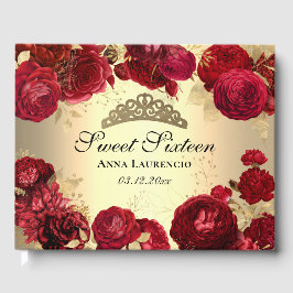 Libro De Visitas Personalizado Elegante Floral Rojo Dorado Cumpleañ