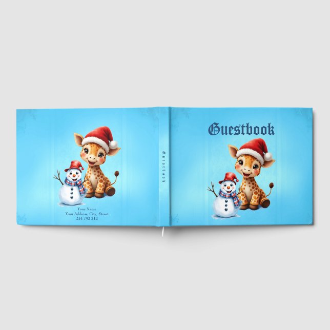 Libro De Visitas Personalizado lindo Giraffe con Santa Hat y Snowma (Lleno)
