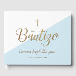 Libro De Visitas Personalizado Oro azul moderno Cruz Bebé Bautizo