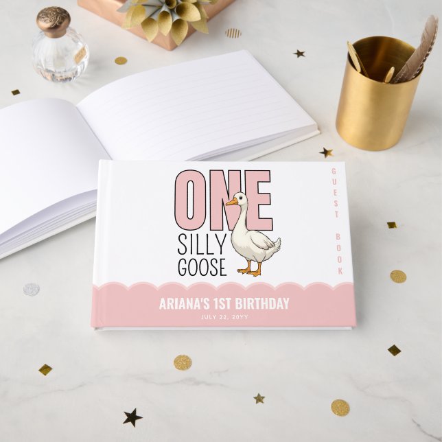 Libro De Visitas Personalizado rosa moderno primer cumpleaños de un (Anverso Abierto)