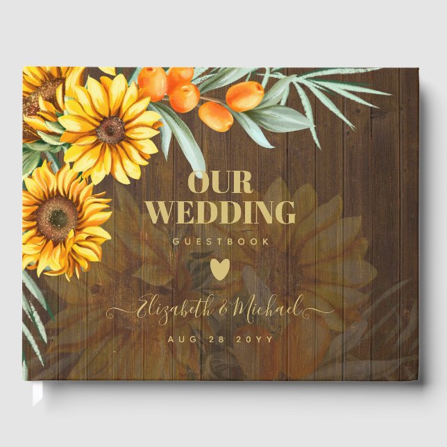 Libro De Visitas Personalizado Rustic Sunflowers Pampas Grass Boda (Anverso)